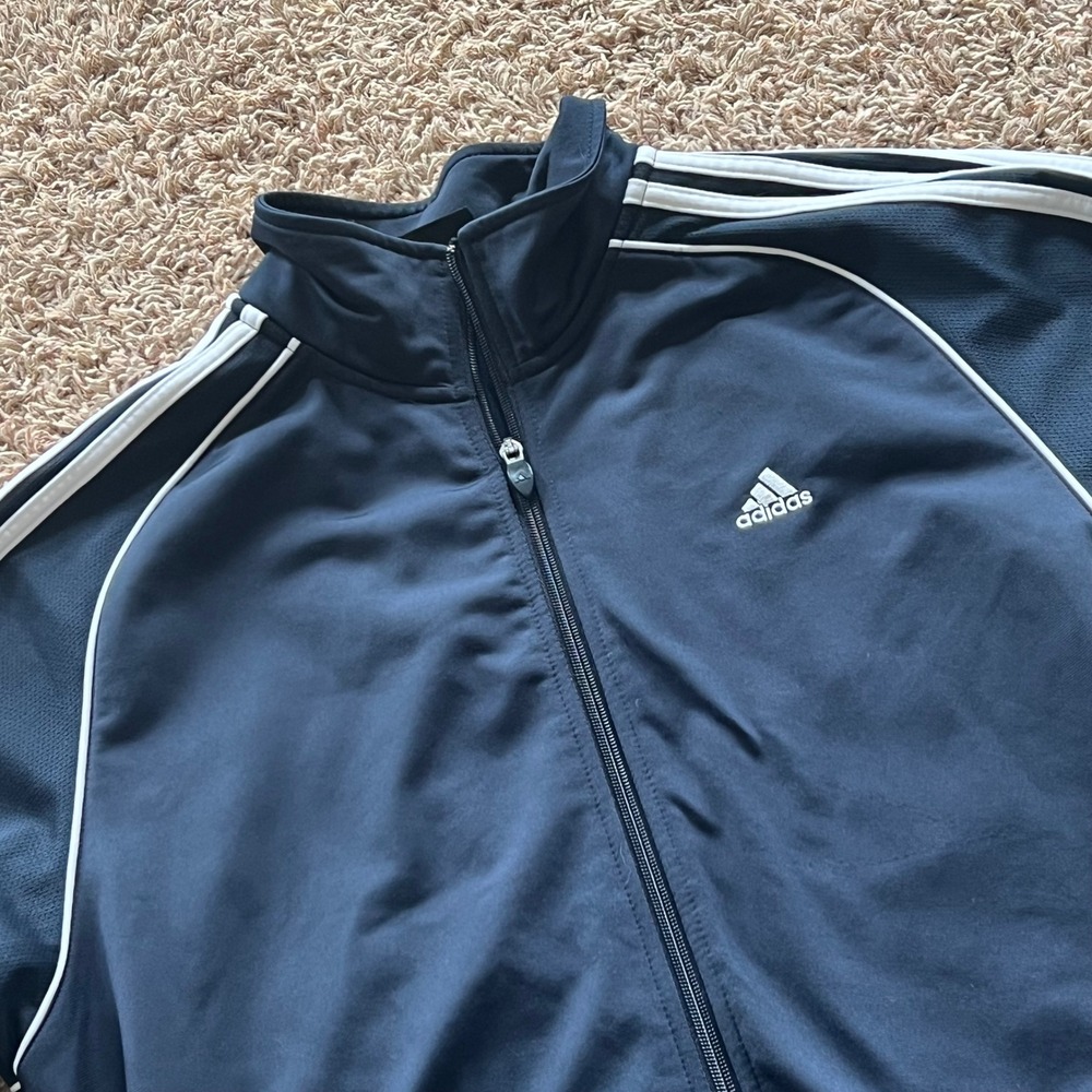 Adidas Mens Track Jacket Navy Blue White Stripe Full Zip Athletic Warm Up Size L